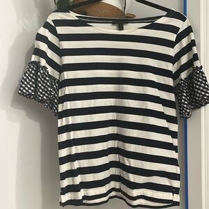 Blue and white striped ruffle sleeve top